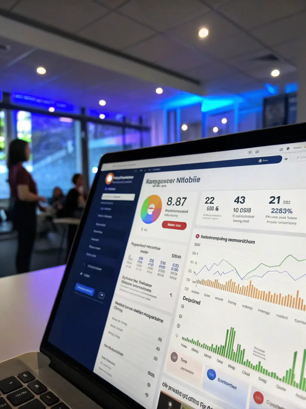 A dynamic image of social media icons and analytics dashboards, representing Room2Build's expertise in social media marketing for craft businesses.