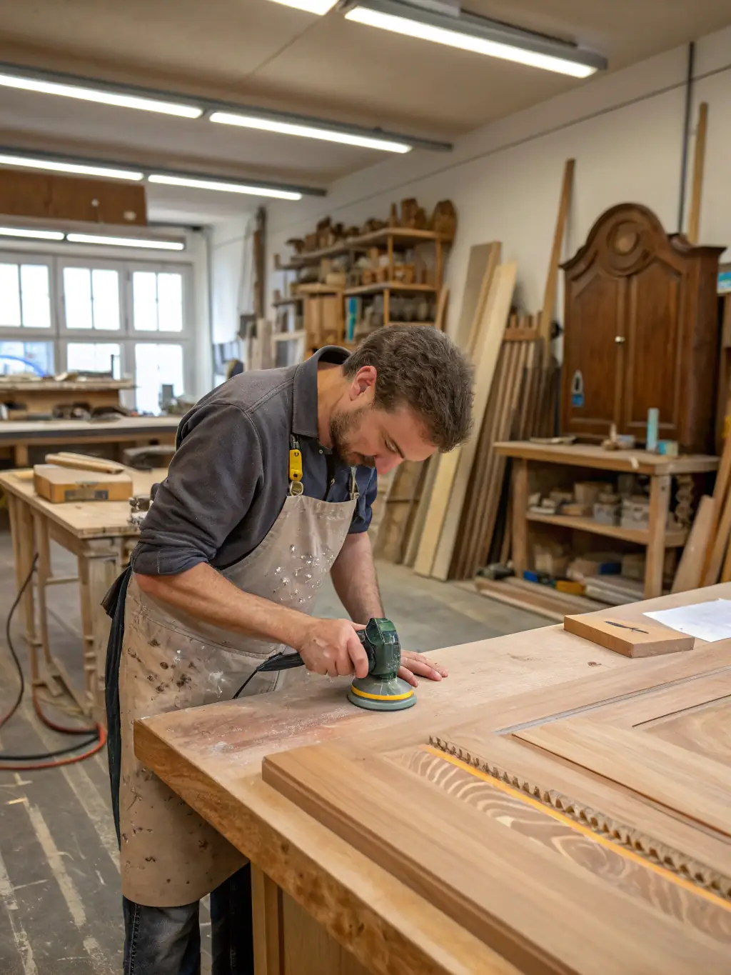A professional photograph of a craftsman using high-quality tools in a well-lit workshop, showcasing the quality of content Room2Build produces for its clients.