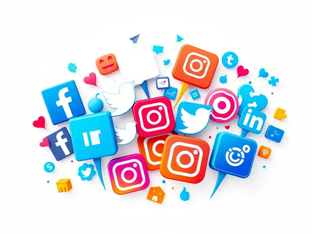 A dynamic image of various social media icons arranged creatively, symbolizing Room2Build's expertise in social media management for craft businesses.