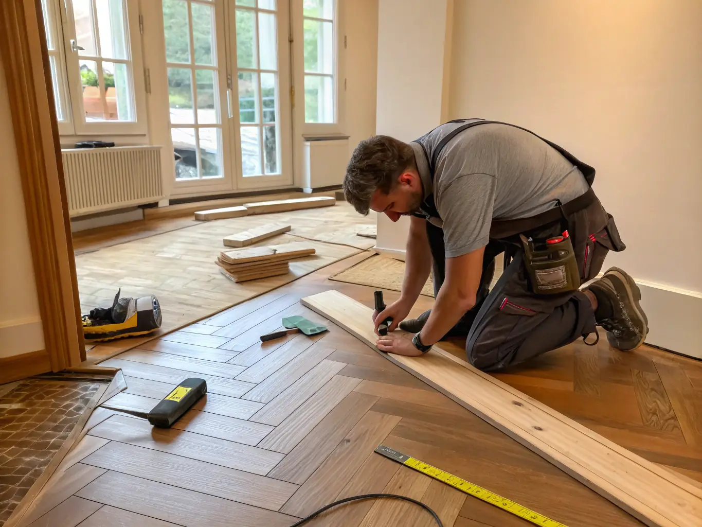 A professionally shot photo of a craftsman installing flooring, subtly branded with the JOKA logo, showcasing the type of content Room2Build creates for its clients.