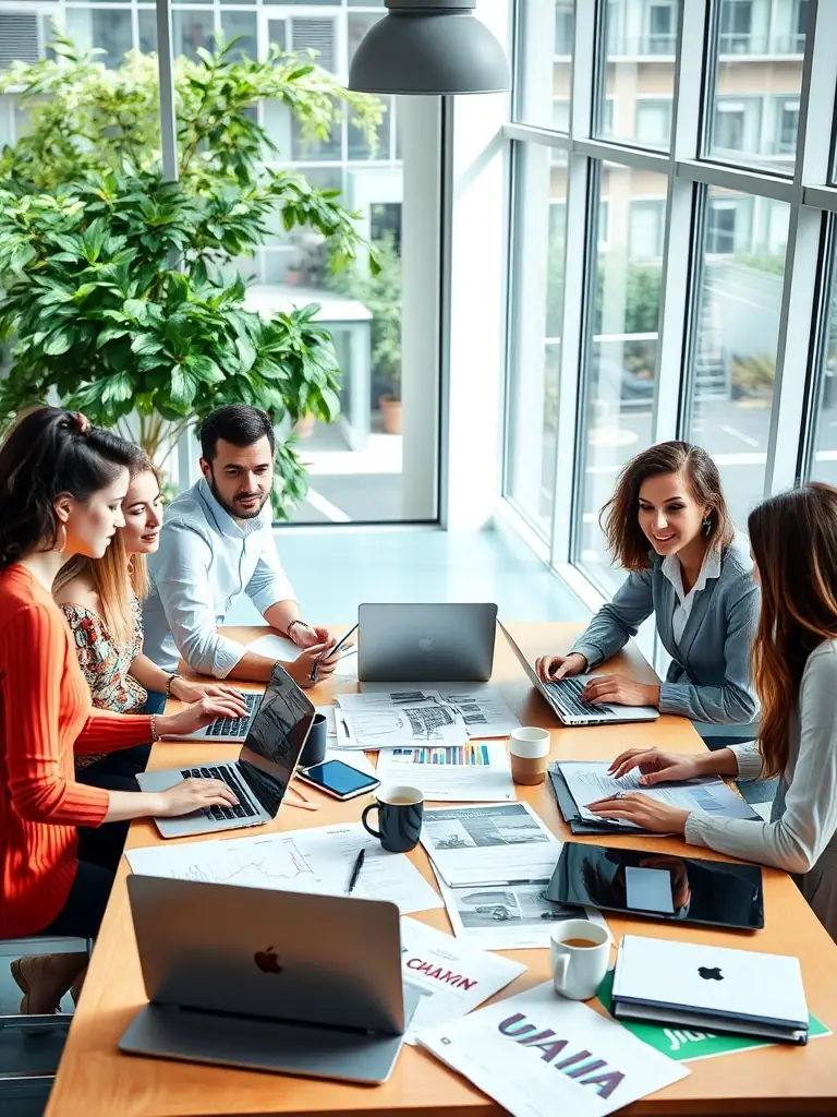 A photograph showcasing a team of marketing professionals brainstorming ideas in a modern office setting, reflecting Room2Build's collaborative approach.